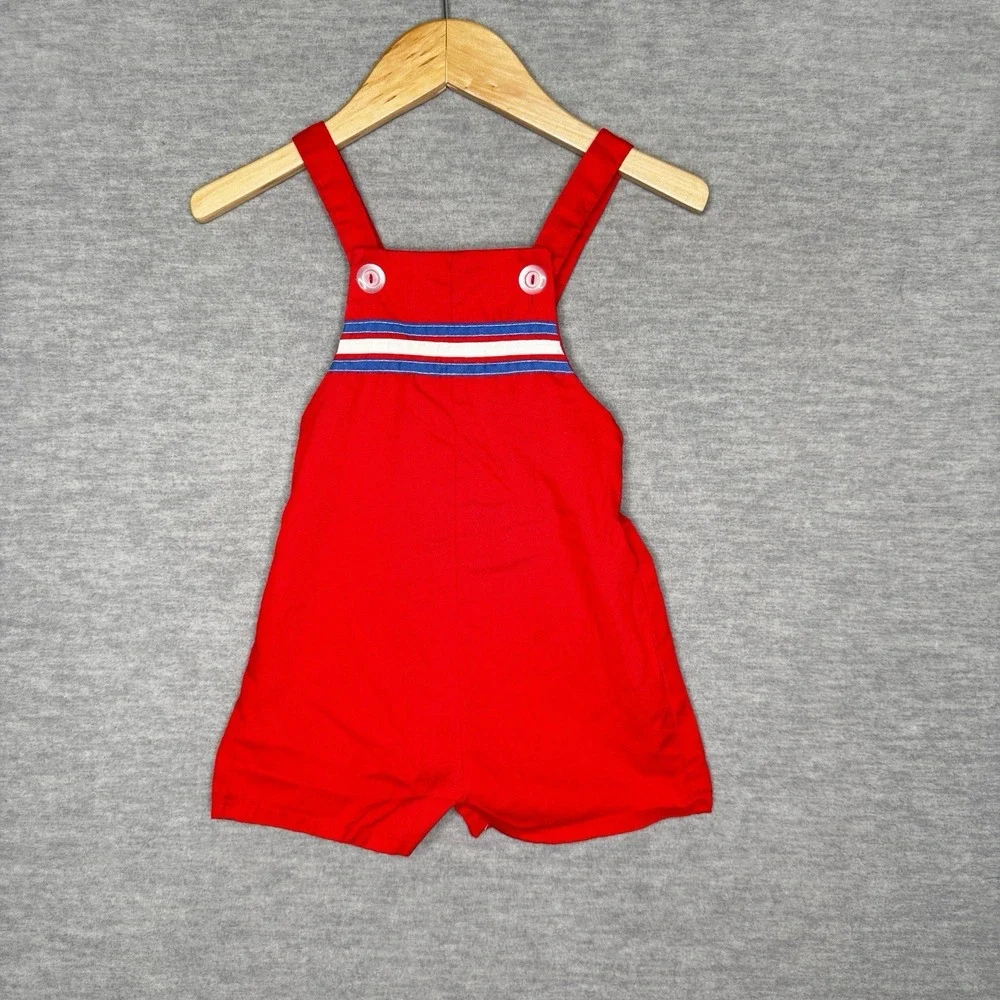 Vintage Baby Boy Red Jon Jon Romper Shortall Red Blue Stripe‎ Size 18 M 2T 3T